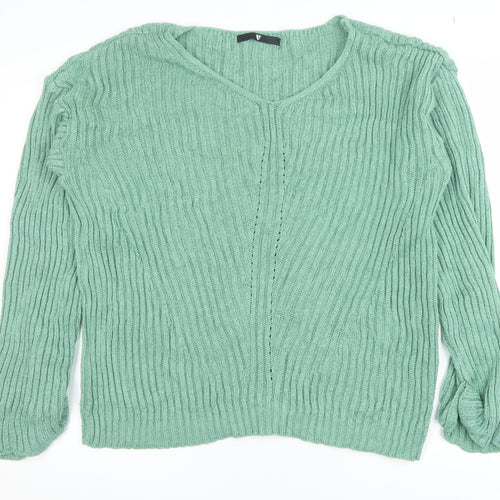 Very Women Green Ribbed V-Neck Pullover Jumper Size 16