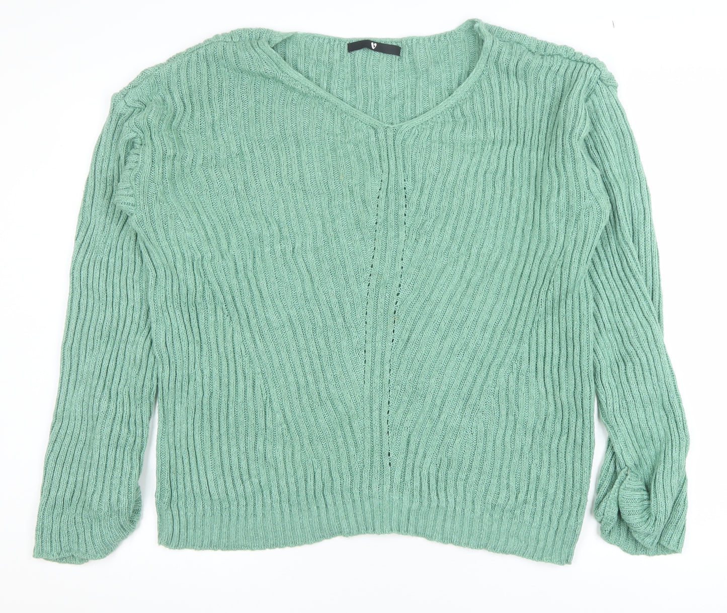 Very Women Green Ribbed V-Neck Pullover Jumper Size 16