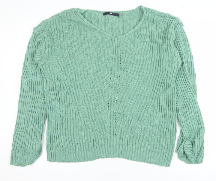 Very Women Green Ribbed V-Neck Pullover Jumper Size 16