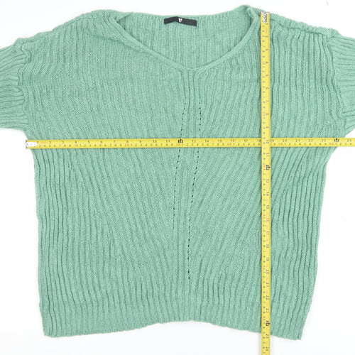 Very Women Green Ribbed V-Neck Pullover Jumper Size 16