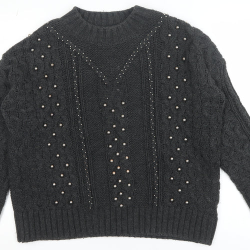 H&M Women Black Beaded Cable Knit High Neck Jumper Size 12