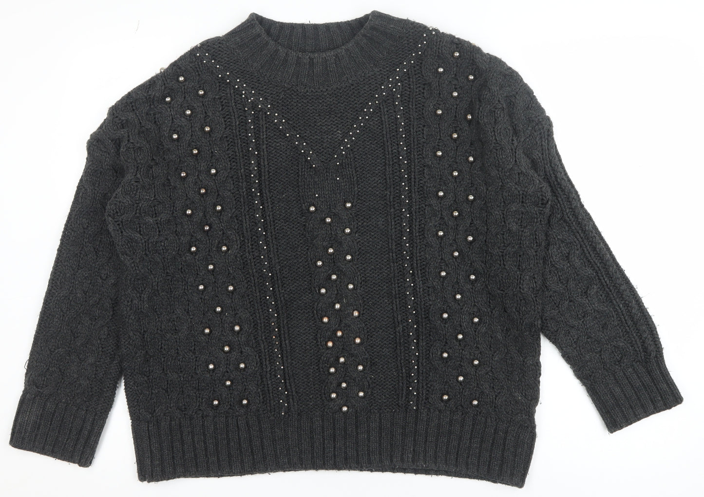 H&M Women Black Beaded Cable Knit High Neck Jumper Size 12