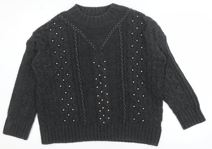 H&M Women Black Beaded Cable Knit High Neck Jumper Size 12