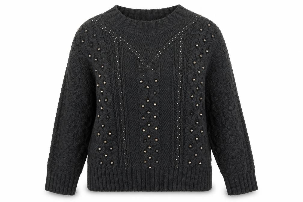H&M Women Black Beaded Cable Knit High Neck Jumper Size 12