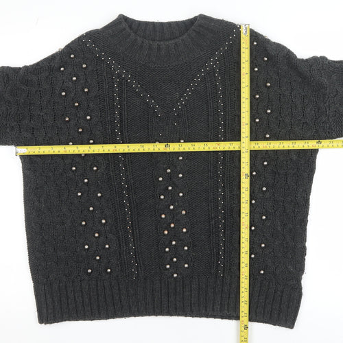 H&M Women Black Beaded Cable Knit High Neck Jumper Size 12