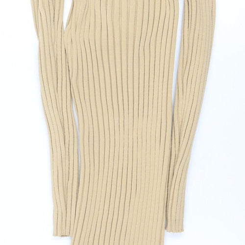 PrettyLittleThing Women Beige Ribbed Knit Bodycon Midi Dress L