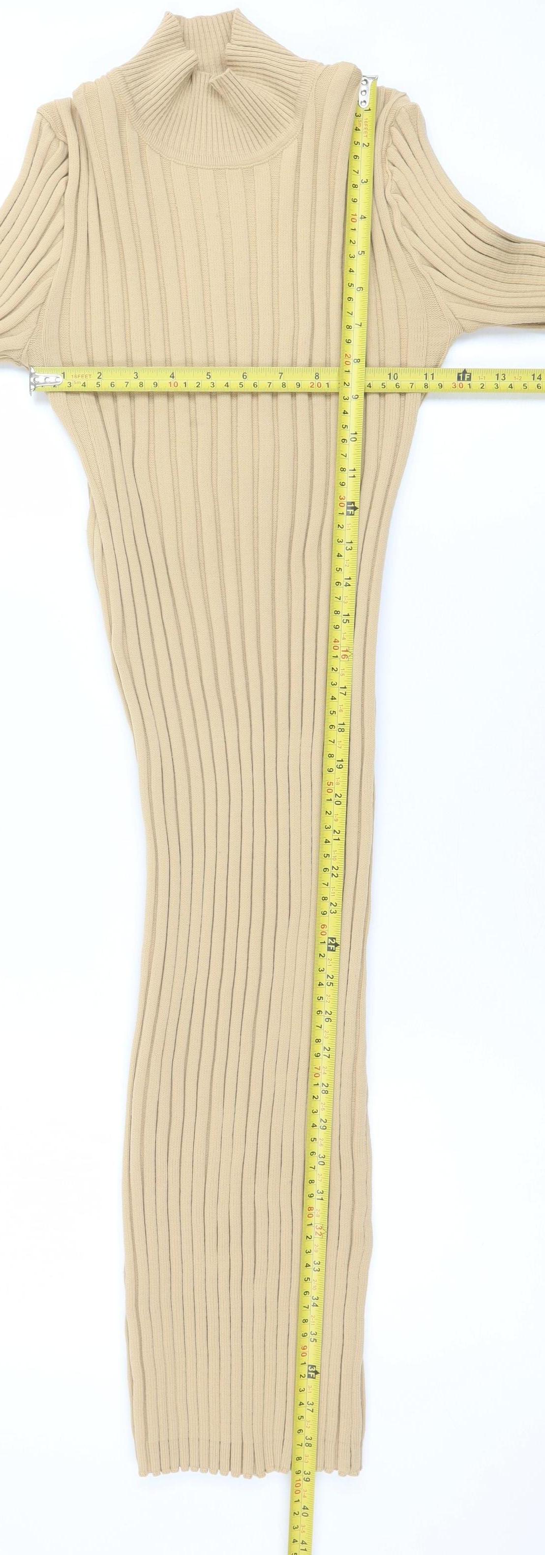 PrettyLittleThing Women Beige Ribbed Knit Bodycon Midi Dress L