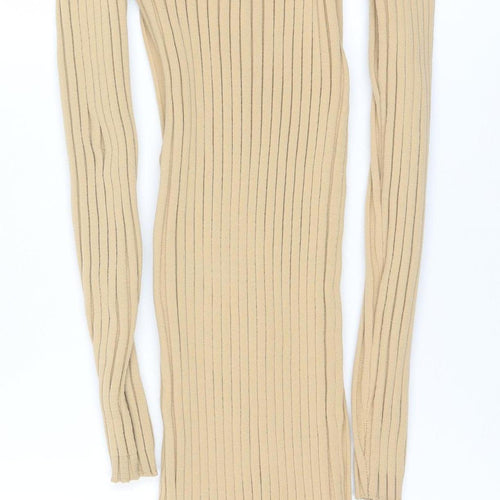 PrettyLittleThing Women Beige Ribbed Knit Bodycon Midi Dress L