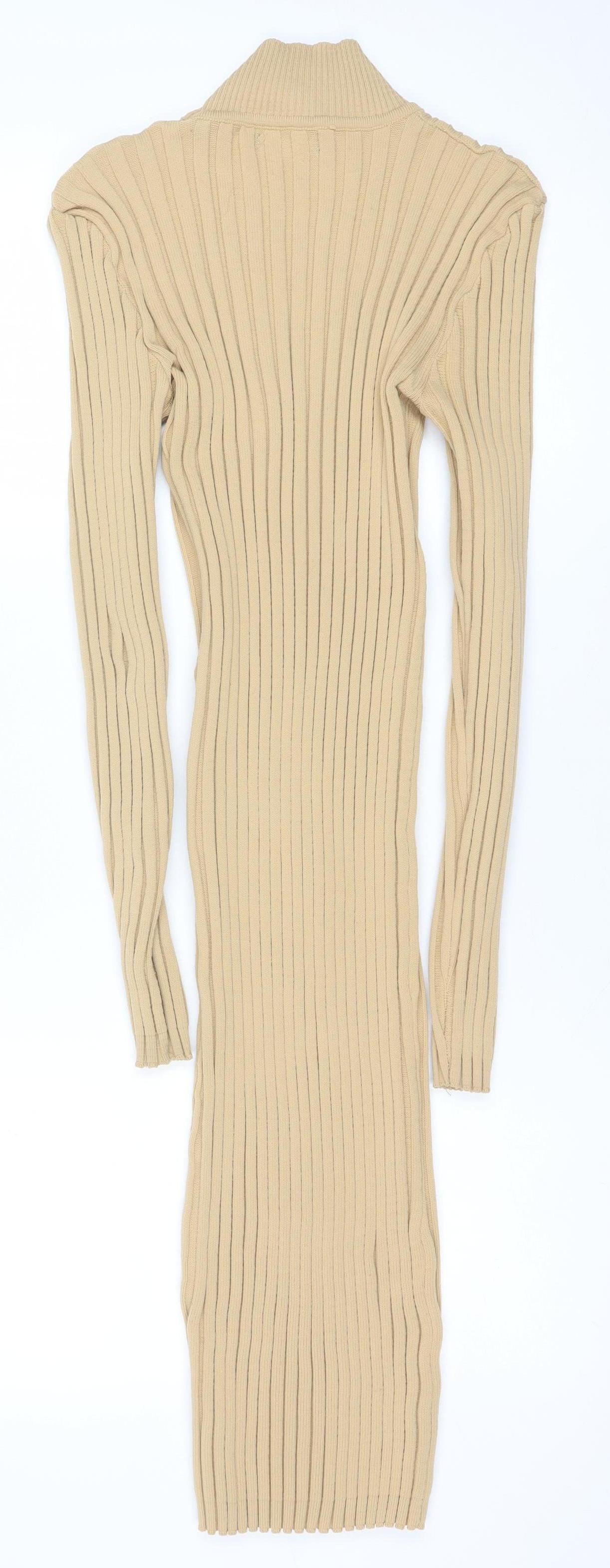 PrettyLittleThing Women Beige Ribbed Knit Bodycon Midi Dress L