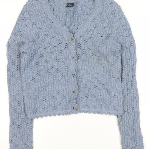 GAP Women Blue Knit Button V-Neck Cardigan Small