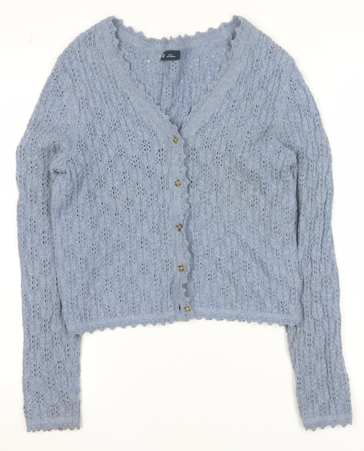 GAP Women Blue Knit Button V-Neck Cardigan Small