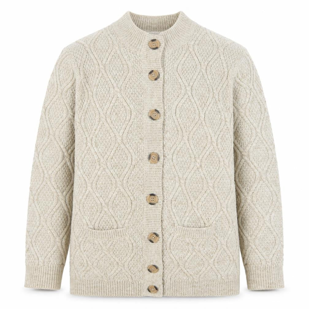 Front view of Damart Men’s Beige Cable-Knit Button Cardigan M Wool Blend