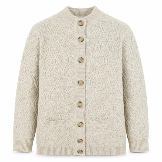 Front view of Damart Men’s Beige Cable-Knit Button Cardigan M Wool Blend
