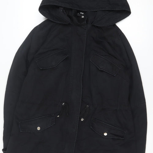 H&M Women Black Cotton Parka Coat Hooded Long M
