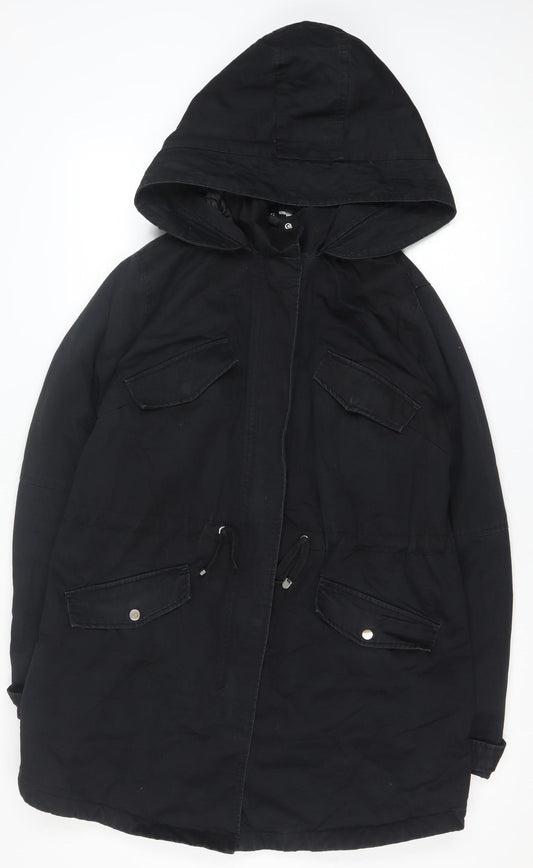 H&M Women Black Cotton Parka Coat Hooded Long M