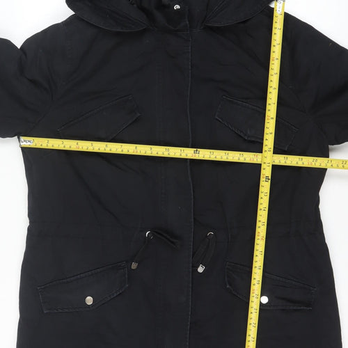 H&M Women Black Cotton Parka Coat Hooded Long M