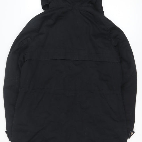 H&M Women Black Cotton Parka Coat Hooded Long M