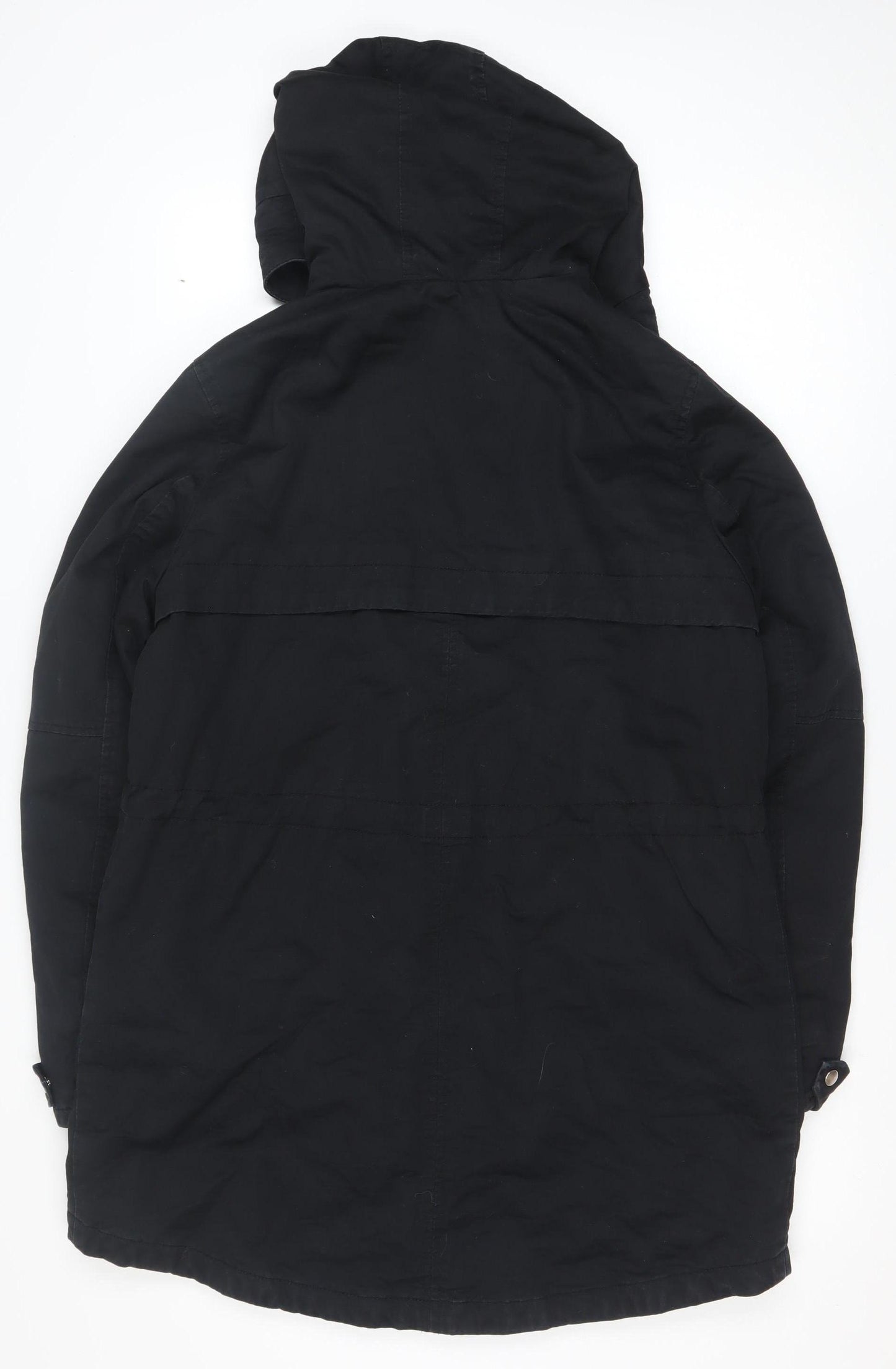 H&M Women Black Cotton Parka Coat Hooded Long M
