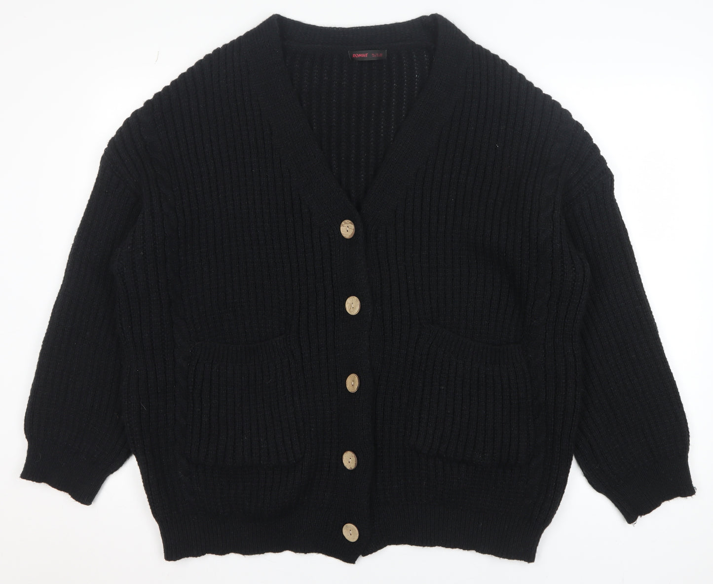 ROMWE Women's Black Chunky Knit Button Cardigan Size 12