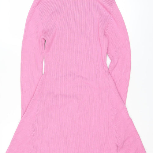 Zara Women Pink A-Line Knit High Neck Long Sleeve Dress Size 14