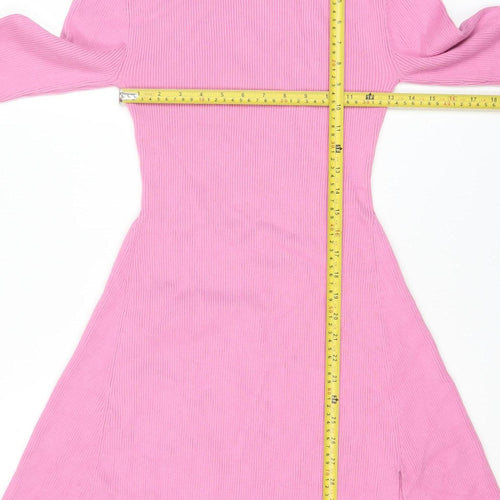 Zara Women Pink A-Line Knit High Neck Long Sleeve Dress Size 14