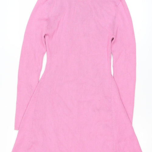Zara Women Pink A-Line Knit High Neck Long Sleeve Dress Size 14