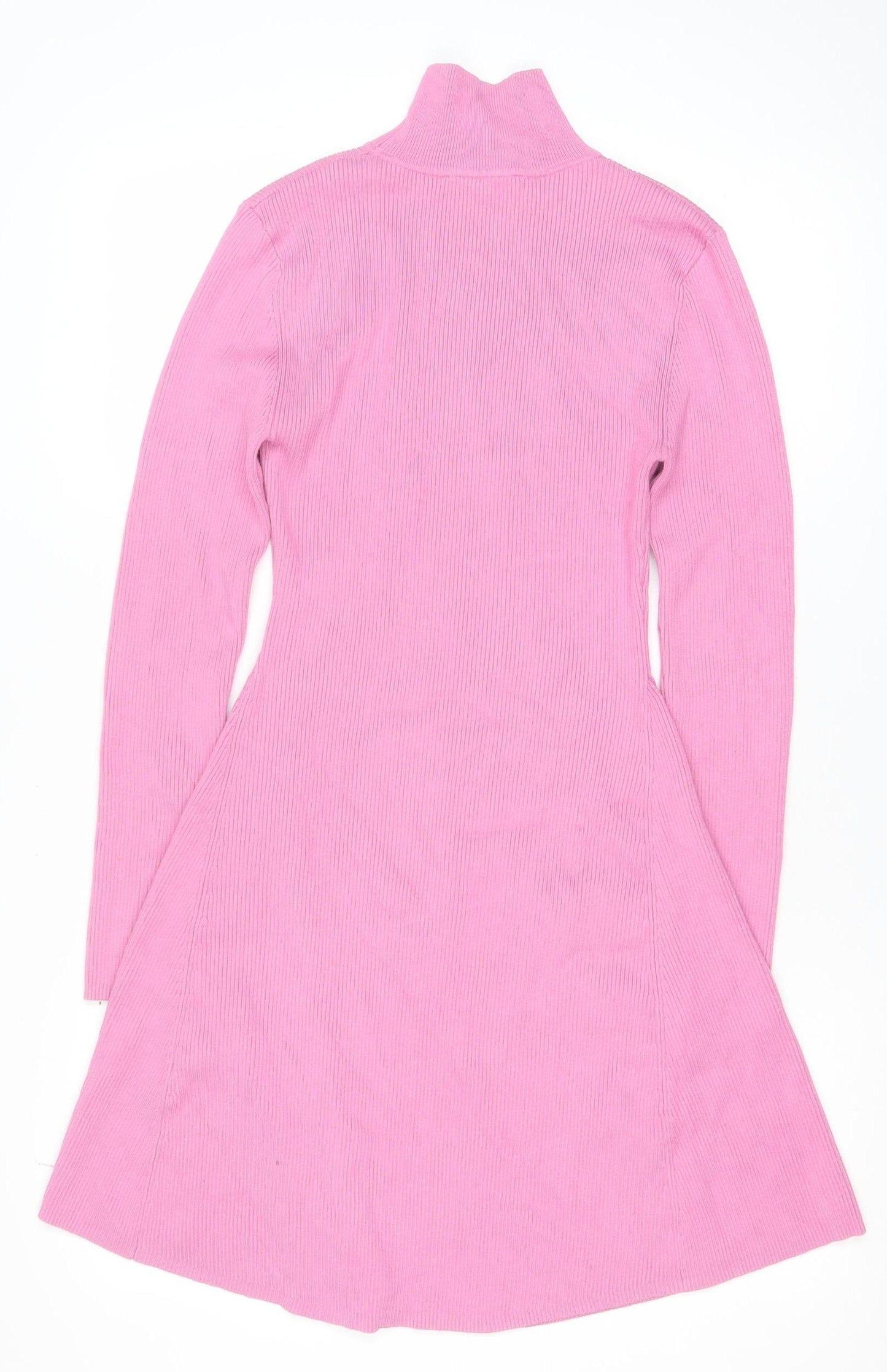 Zara Women Pink A-Line Knit High Neck Long Sleeve Dress Size 14