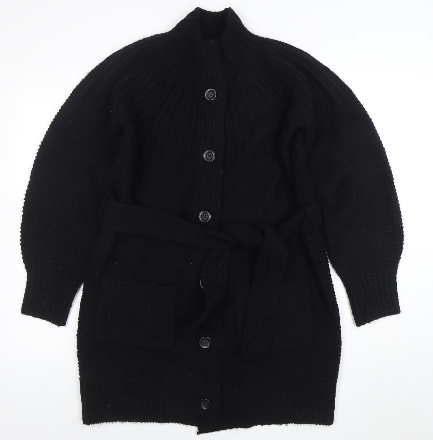 Next Women's Black Wool Blend Belted Chunky Knit Cardigan Size 10