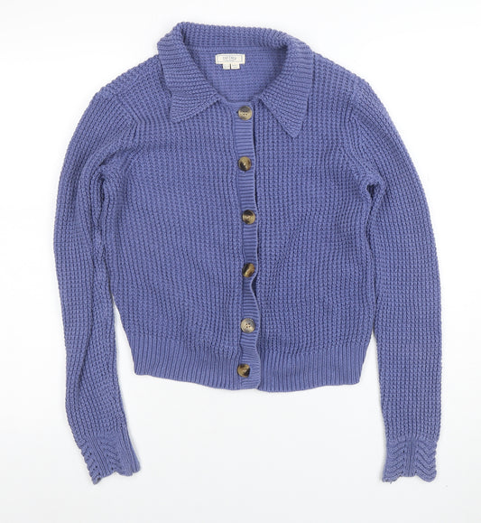 Fat Face Women's Blue Cotton Collared Chunky Knit Cardigan Size 12