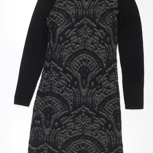 Passport Women's Black Knit Shift Dress Size 12 Long Sleeve Geometric