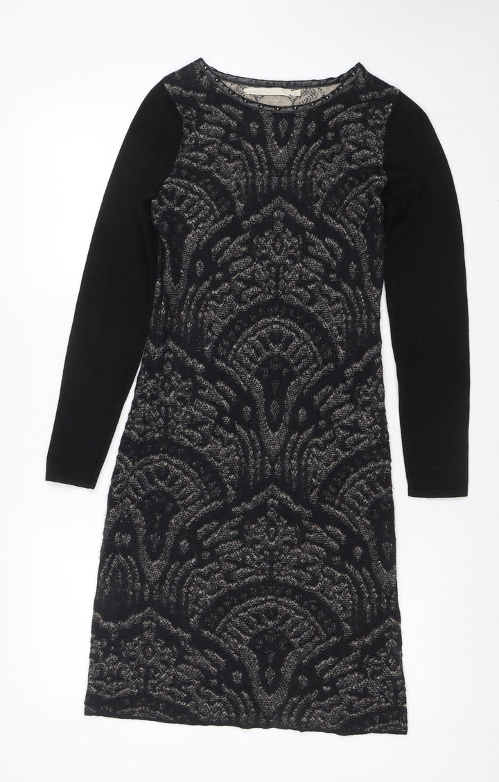 Passport Women's Black Knit Shift Dress Size 12 Long Sleeve Geometric