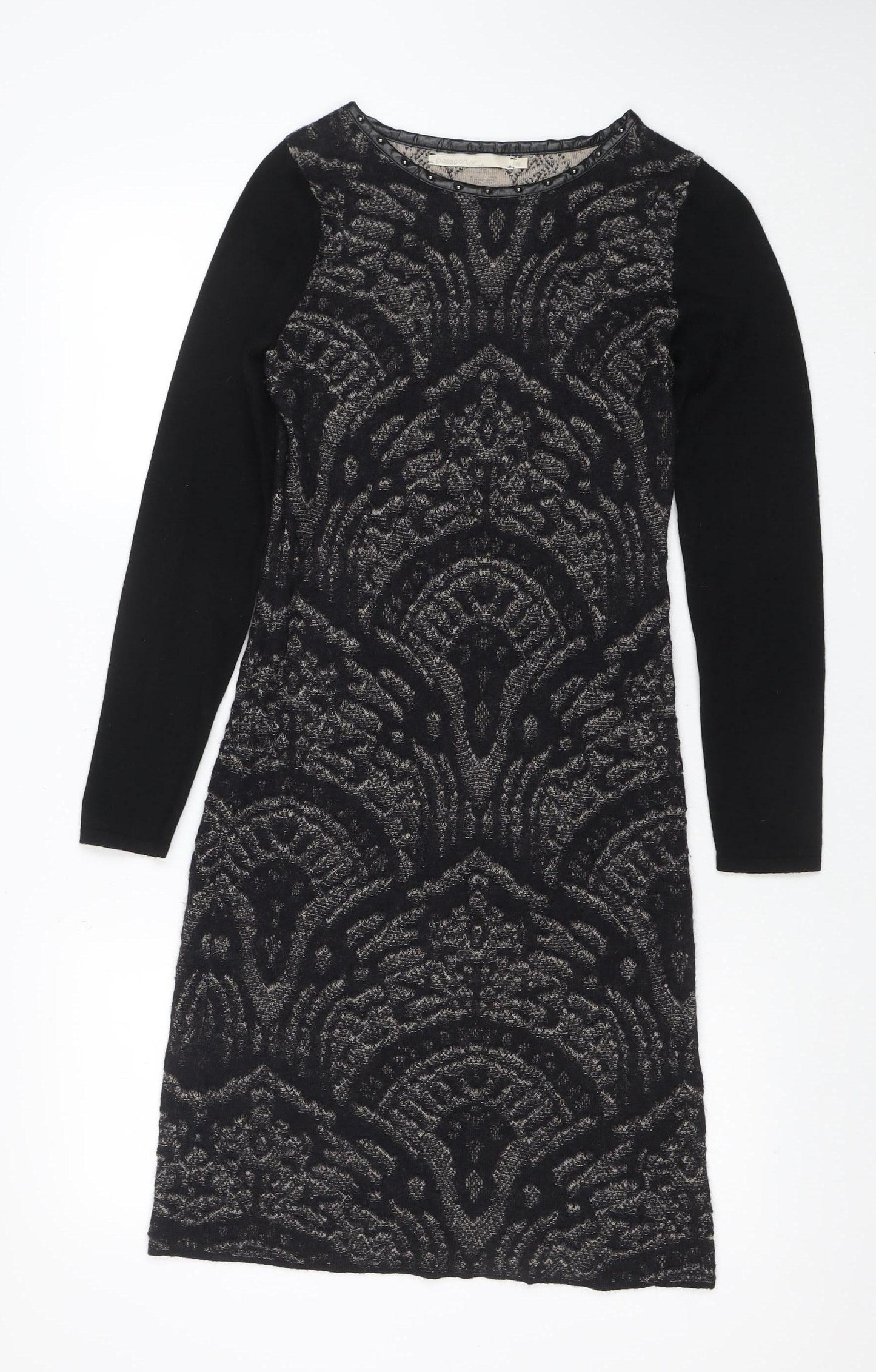 Passport Women's Black Knit Shift Dress Size 12 Long Sleeve Geometric