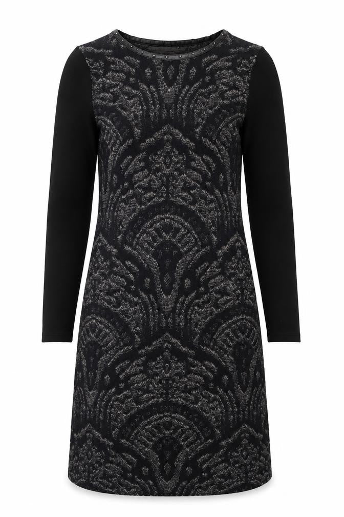 Passport Women's Black Knit Shift Dress Size 12 Long Sleeve Geometric