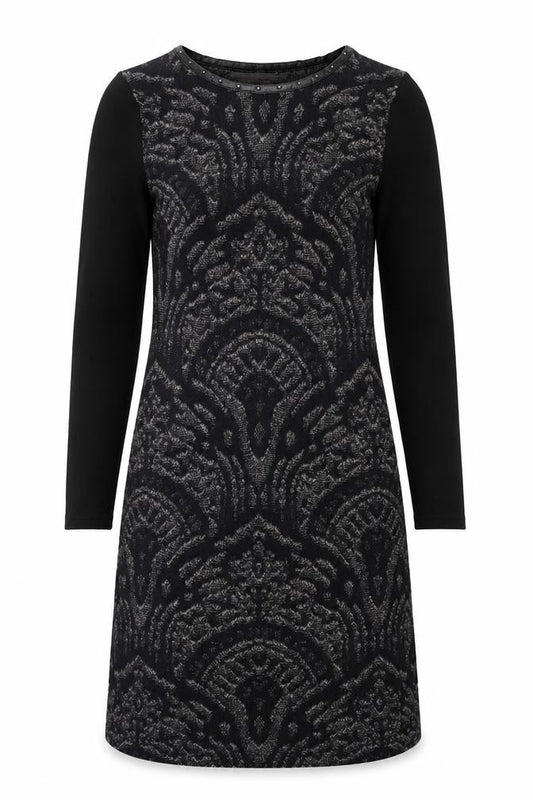 Front view of Passport Women's Black Knit Shift Dress, size 12, Long Sleeve Geometric