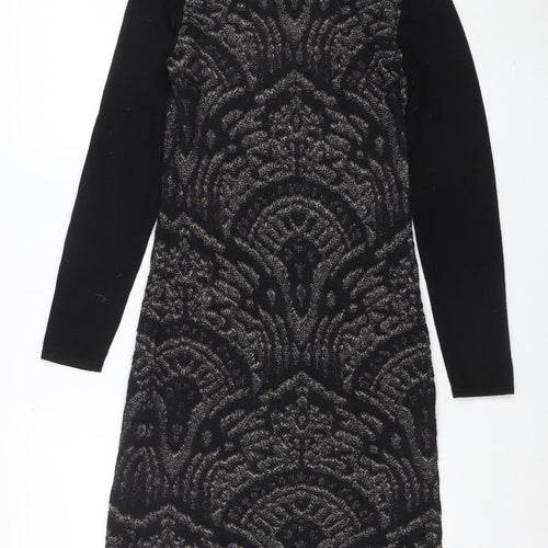 Passport Women's Black Knit Shift Dress Size 12 Long Sleeve Geometric