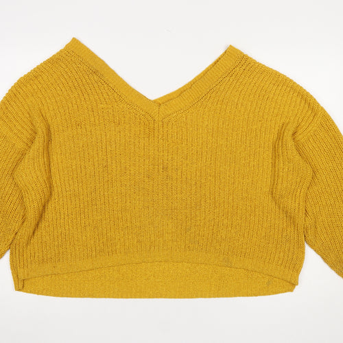 ZARA Women Yellow Chunky-Knit Wool Blend V-Neck Jumper Size S