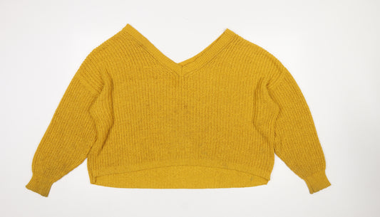 ZARA Women Yellow Chunky-Knit Wool Blend V-Neck Jumper Size S