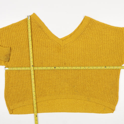 ZARA Women Yellow Chunky-Knit Wool Blend V-Neck Jumper Size S
