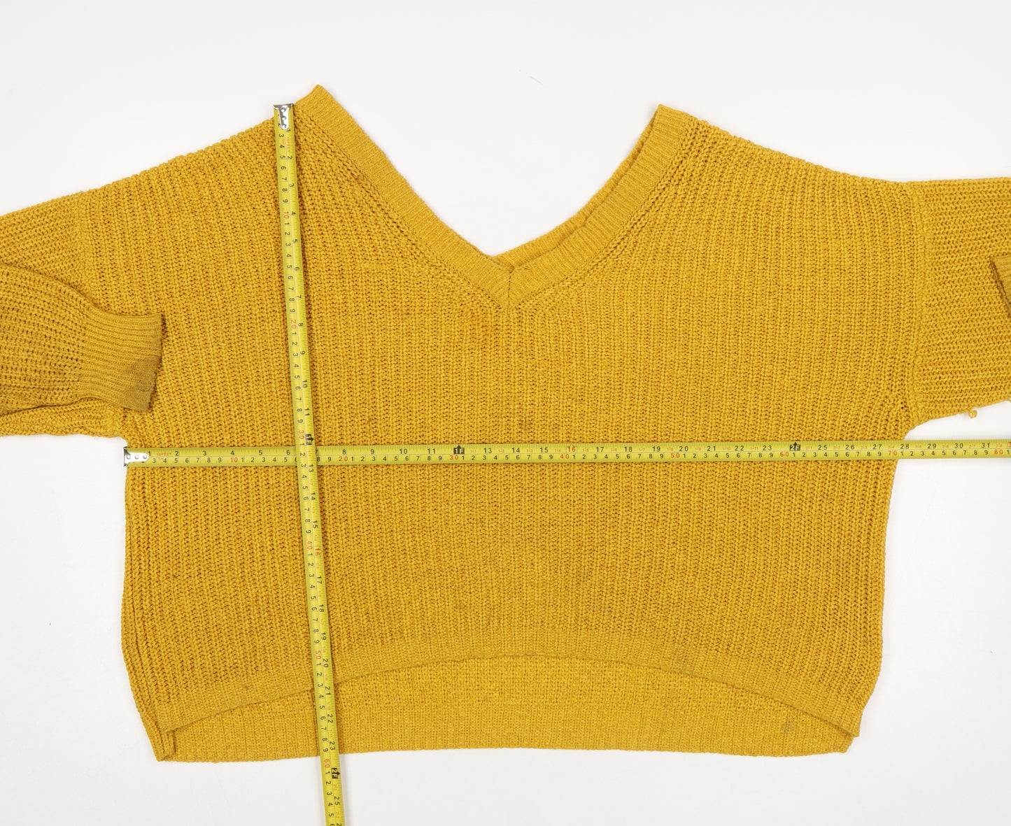 ZARA Women Yellow Chunky-Knit Wool Blend V-Neck Jumper Size S
