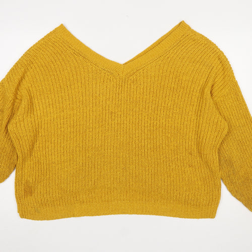 ZARA Women Yellow Chunky-Knit Wool Blend V-Neck Jumper Size S