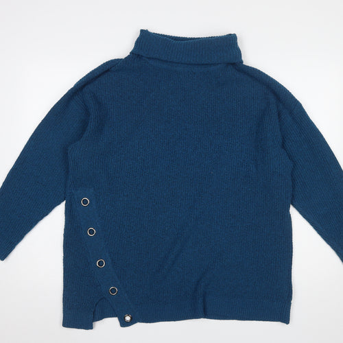 M&Co Women’s Blue Roll Neck Button Detail Jumper Size 16