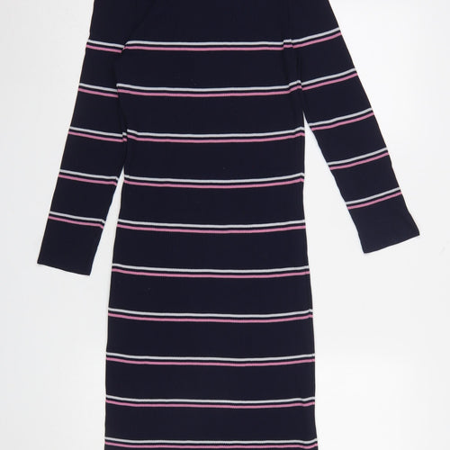 Next Women Blue Striped Bodycon Knit Long Sleeve Dress Size 8