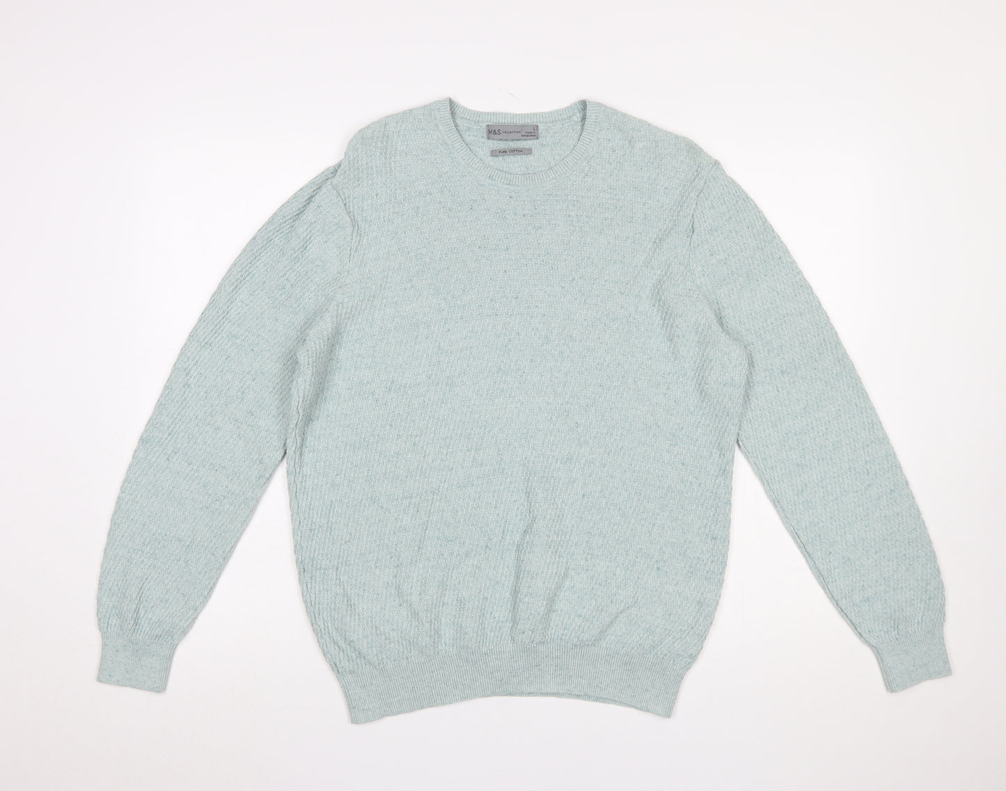 Marks and Spencer Men's Green Cotton Crew Neck Jumper L