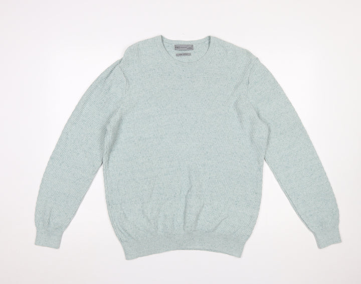 Marks and Spencer Men's Green Cotton Crew Neck Jumper L