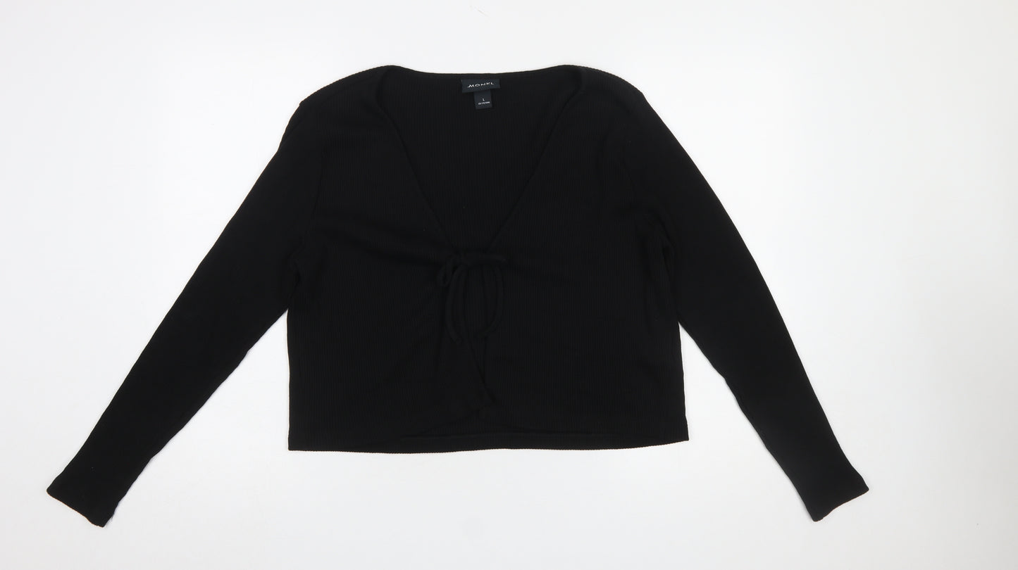 Monki Women Black Cotton Tie Front Cardigan L Long Sleeve