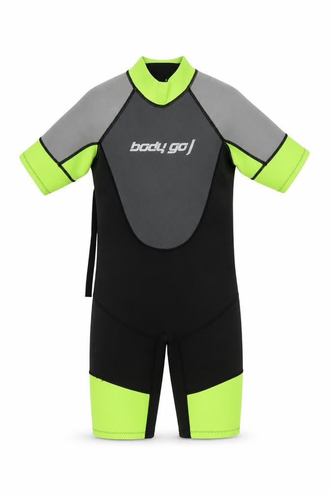 Body Go Boys Black Neon Green Short Sleeve Wetsuit 10 Years Surf Swimwear