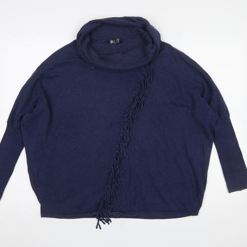 Marble Women Blue Cotton Cowl Neck Fringe Pullover Jumper Size 14