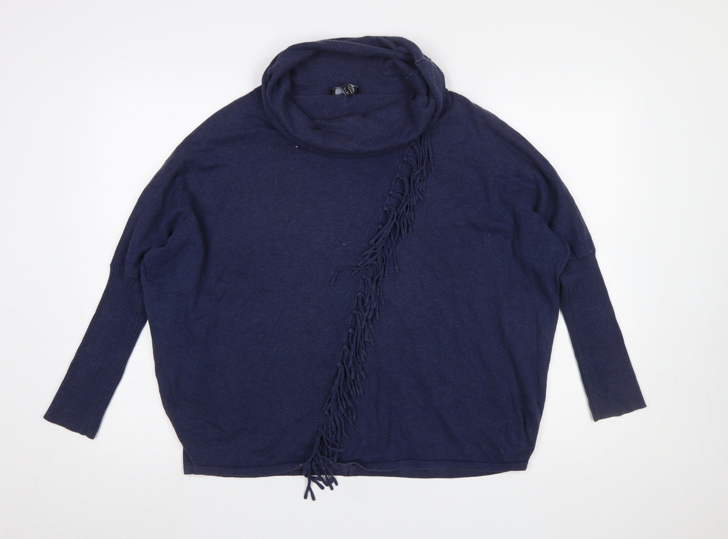 Marble Women Blue Cotton Cowl Neck Fringe Pullover Jumper Size 14