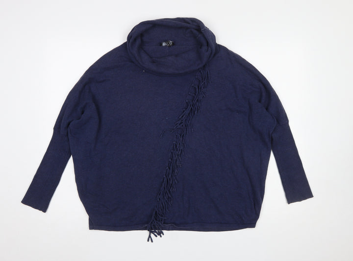 Marble Women Blue Cotton Cowl Neck Fringe Pullover Jumper Size 14