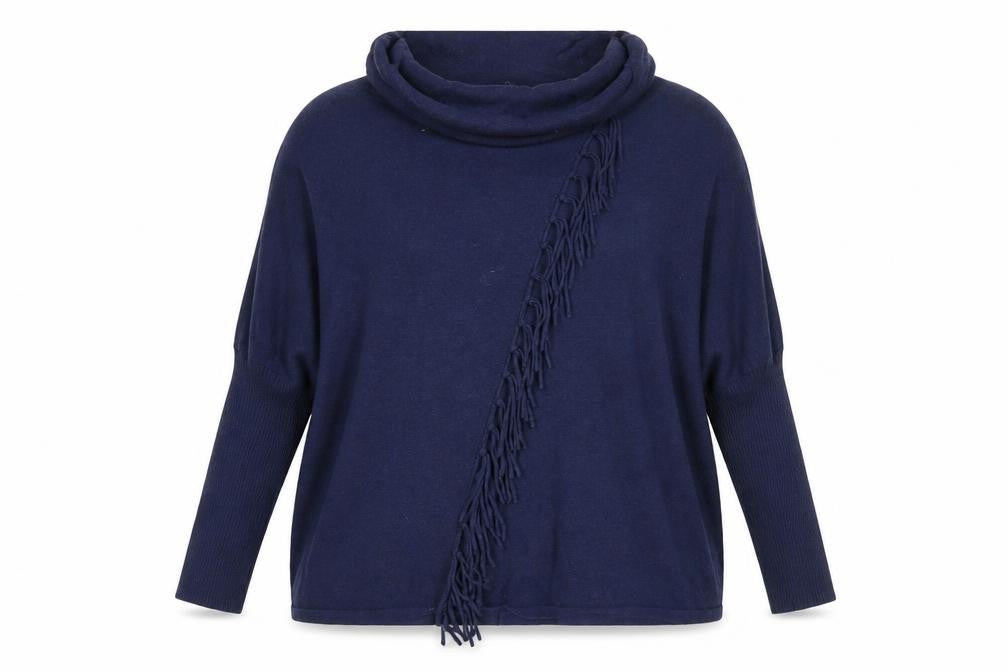 Front view of Marble Women Blue Cotton Cowl Neck Fringe jumper, size 14